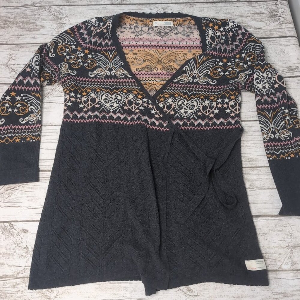Odd Molly Gray Boho Wrap Front Long Sleeve Cardigan Wool Sweater Size 3